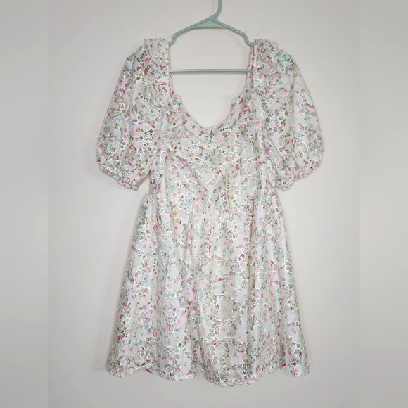 For Love & Lemons Magnolia Floral Lasercut Puff Sleeve Mini Dress Large Feminine - Picture 6 of 16